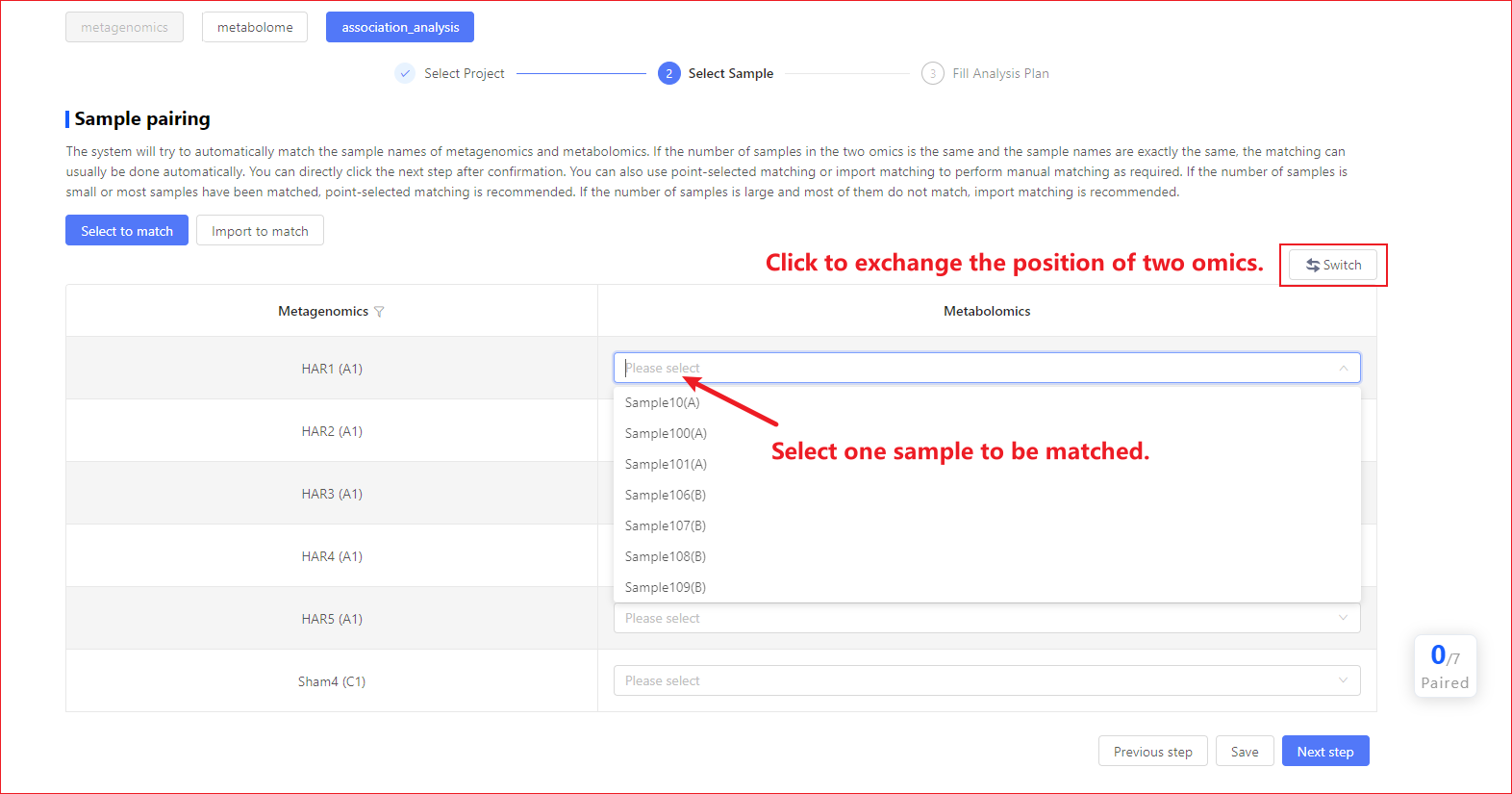 Click select and match samples